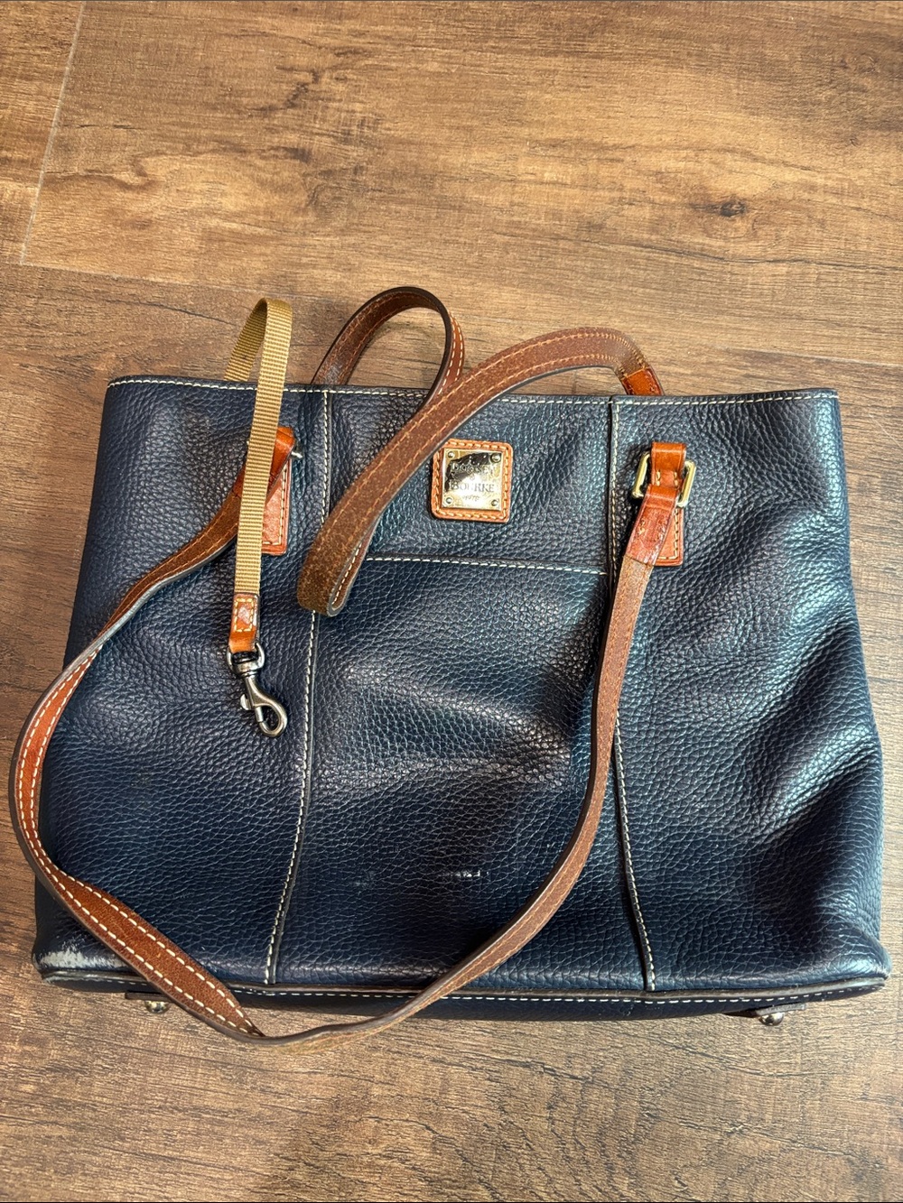 Dooney & Bourke Navy Pebbled Lexington Leather Tote with Brown Trim